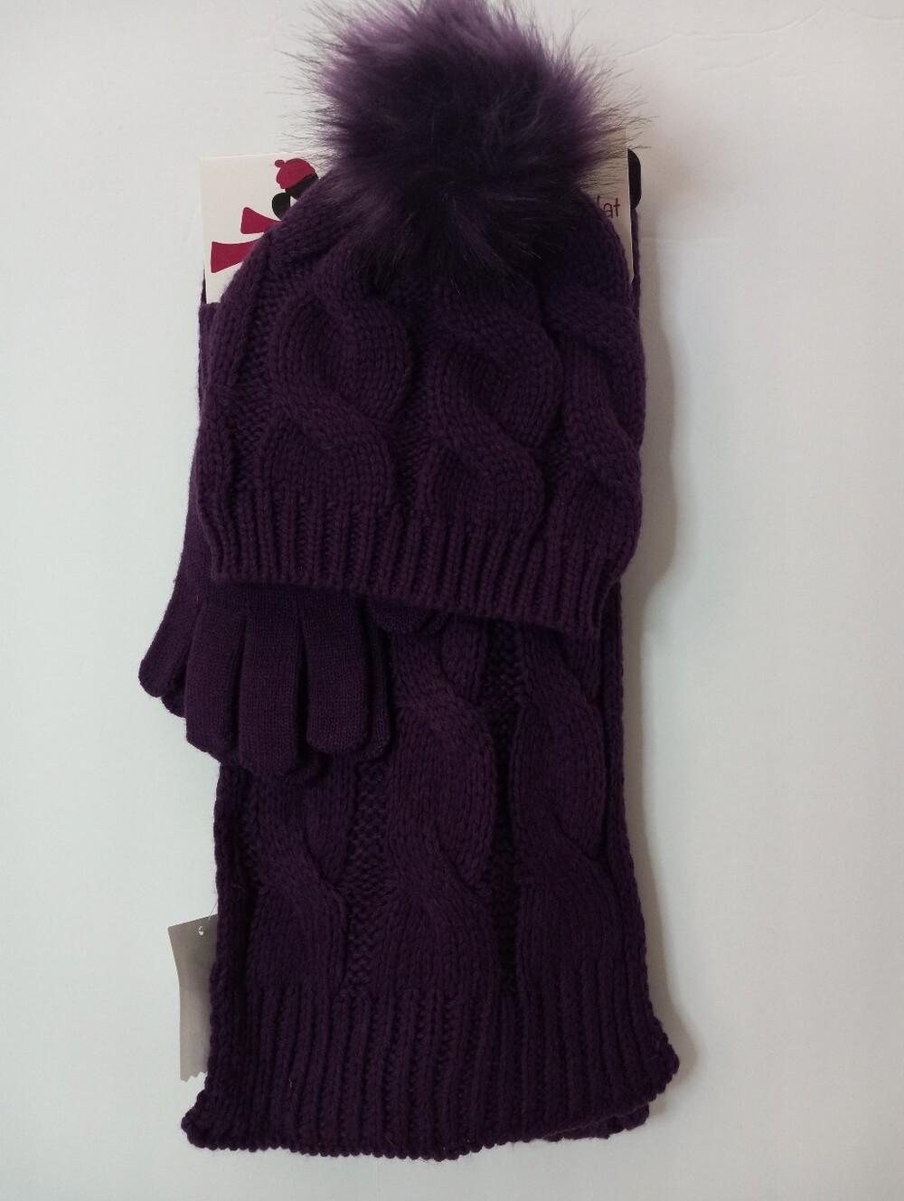 Just Jamie 3 Piece Cable Knit Winter Set Fuzzy Pom Pom Beanie, Gloves, Scarf